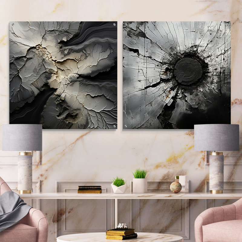 Geode de pierre grise brisée Minimalisme - Ensemble d'art mural en verre acrylique, H 16 po x l 33 po