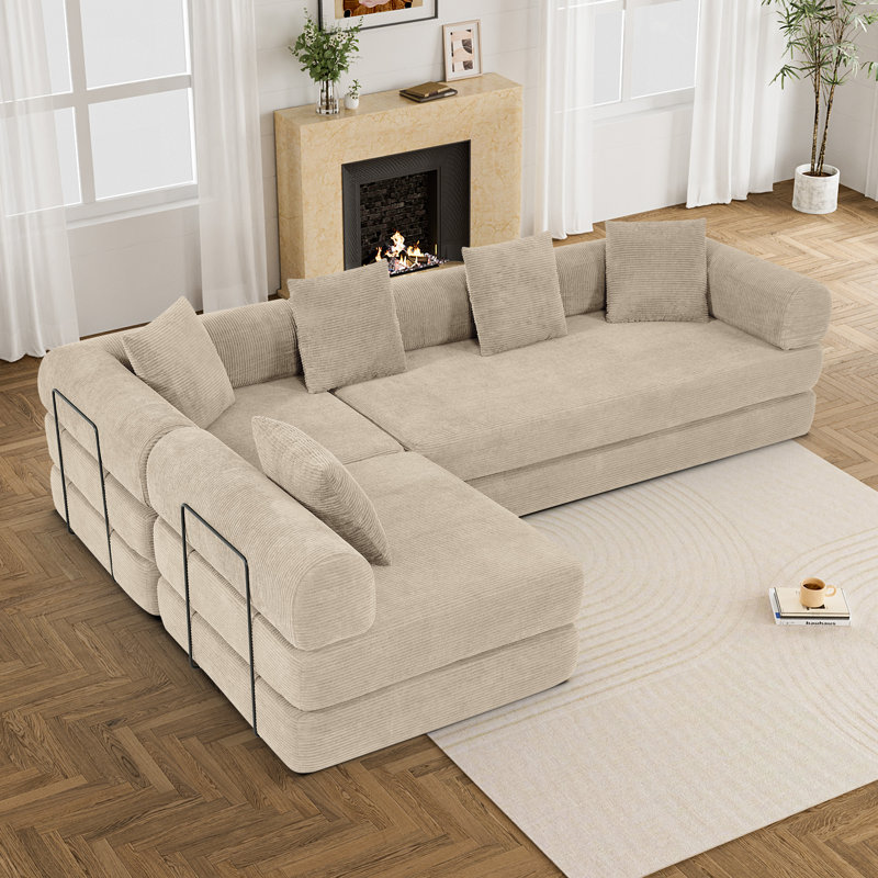 Boneless Convertible Sectional Sleeper Sofa Bed Modular Compression Couch With Removable Back And Arm, Camel Corduroy