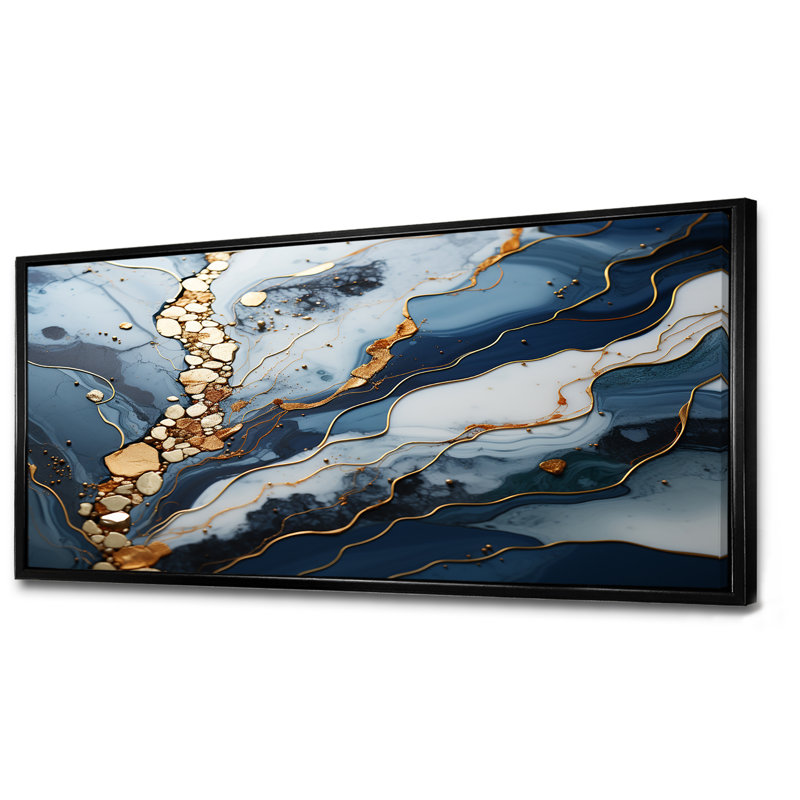 Blue and Gold Marble river II - Abstrait marbré, impressions sur toile, Cadre flottant noir, H 28 po x l 60 po x P 1,5 po