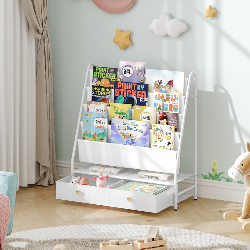 Bookshelf 4-tier Bookshelf with 2 Fabric Drawers, Metal Bookshelf and Toy Storage