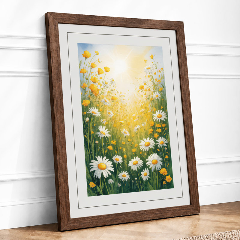 Sunlit Daisy Meadow Botanical - Framed Print, A4 - 29.7 x 21.0 cm, Walnut