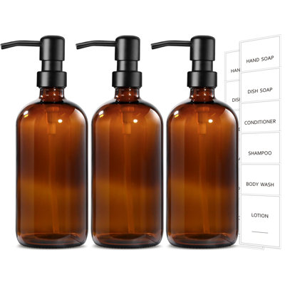Distributeur de shampooing et revitalisant, paquet de 3 distributeur de shampooing pour salle de bain en verre ambré avec pompe pour douche, ensemble de distributeur de savon à mains et de lotion pour cuisine 17 oz liq.