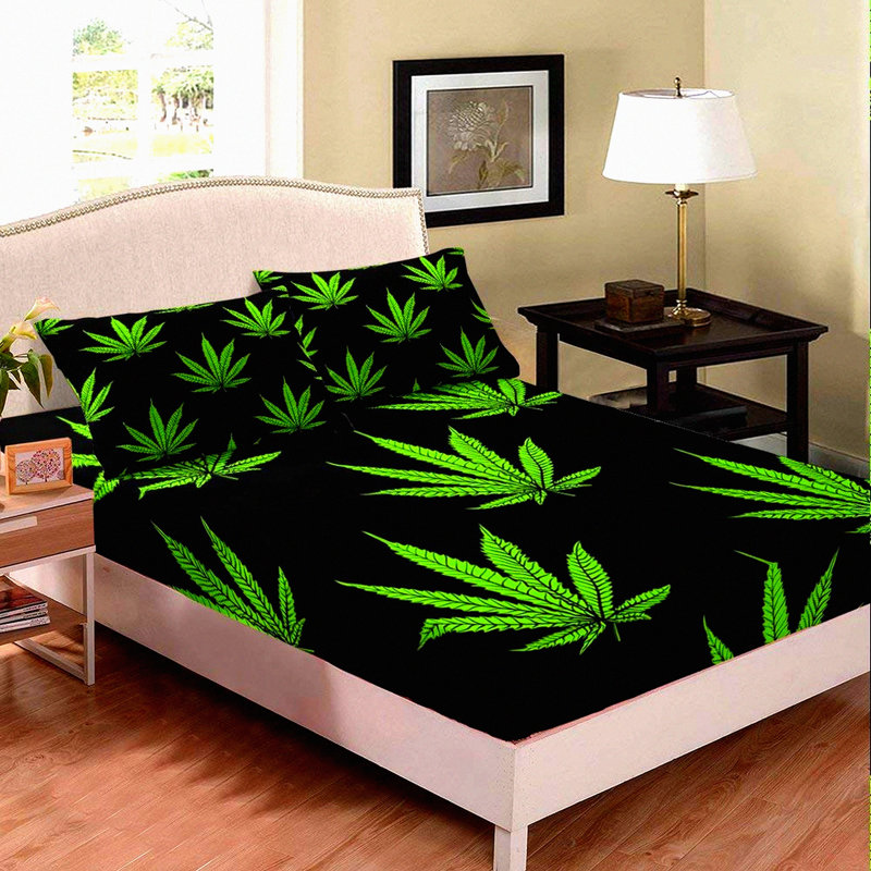 Exotic Leaf Queen Fitted Sheet Set - Soft Microfiber Bed Cover with Marijuana Leaves Design - Rustic Bedding for Adults - Wrinkle Resistant Bedclothes