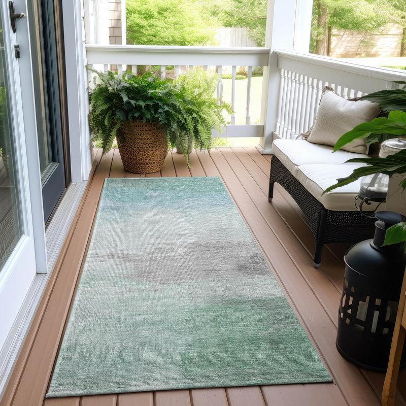 Machine Washable Seafoam and Gray Synthetic Runner Rug
