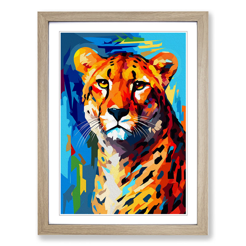 Cheetah Cubism - Single Picture Frame Print on Wood, 64cm H x 46cm W x 2cm D, Oak Framed