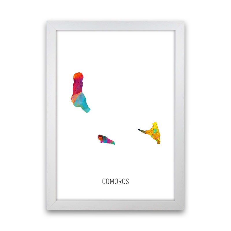 Comoros Watercolour Map by Michael Tompsett - Print, White Framed, 88cm H x 64cm W x 3cm D