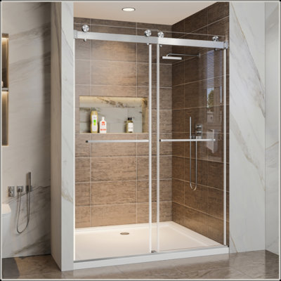 Frameless Double Sliding Shower Door, Soft-Close Shower Screen, 3/8" (10Mm) Clear Tempered Glass With Explosion-Proof Film, Dual Stainless Steel Door Handles