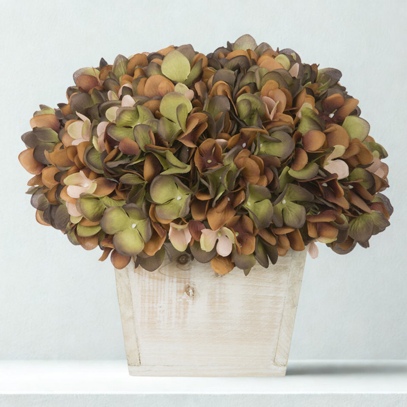 Arrangement d'hortensias de café en tissu synthétique dans un pot à fleurs, Café / sauge