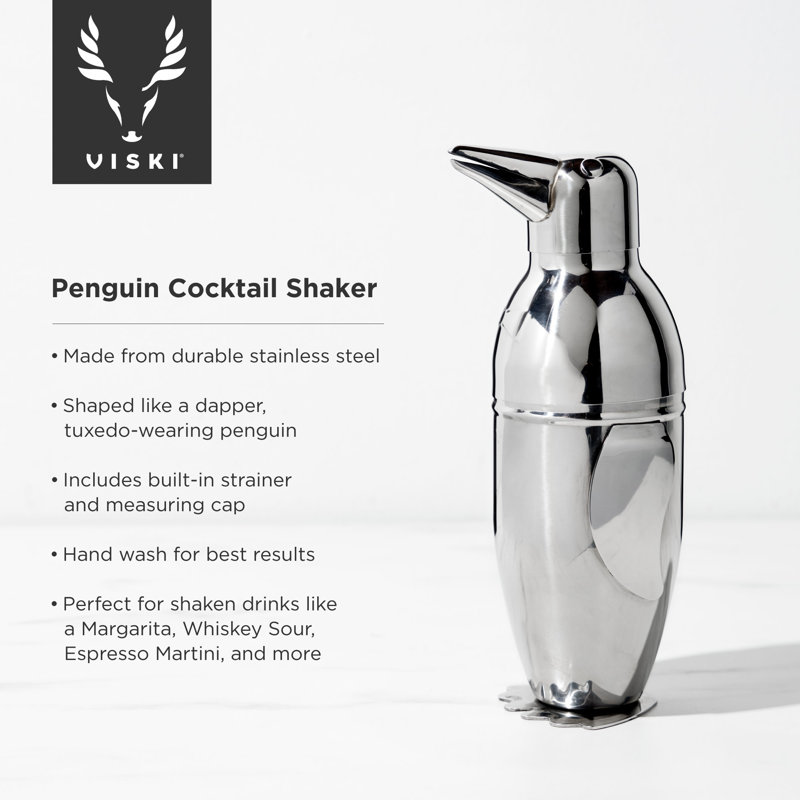 Penguin Shaped Stainless Steel Cocktail Shaker with Strainer, 17 oz