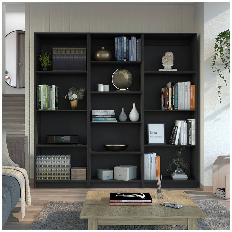 Ensemble de bibliothèque 3 pièces Lainor, 74 po de largeur avec 13 tablettes, ensemble de salon noir, Noir