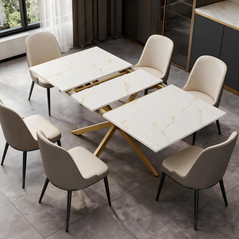 Table de salle à manger extensible de 160 à 200 cm, plateau imitation marbre, table de cuisine gain de place pour 6 à 10 personnes, couleur or