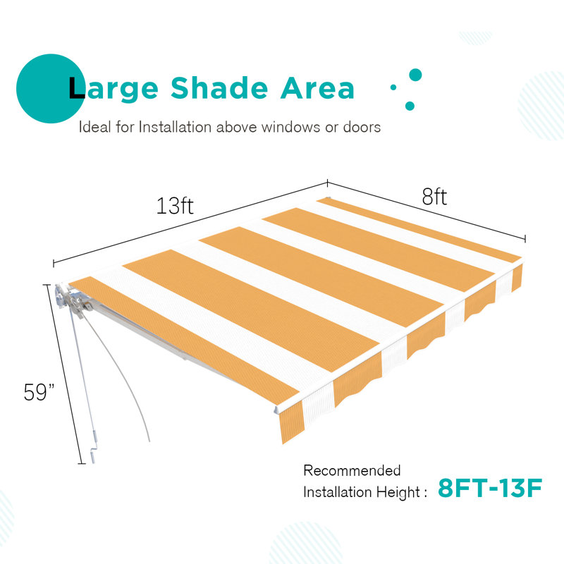 AECOJOY Manual Retraction Slope Patio Awning, 156" W x 96" D, Yellow Stripes, Striped