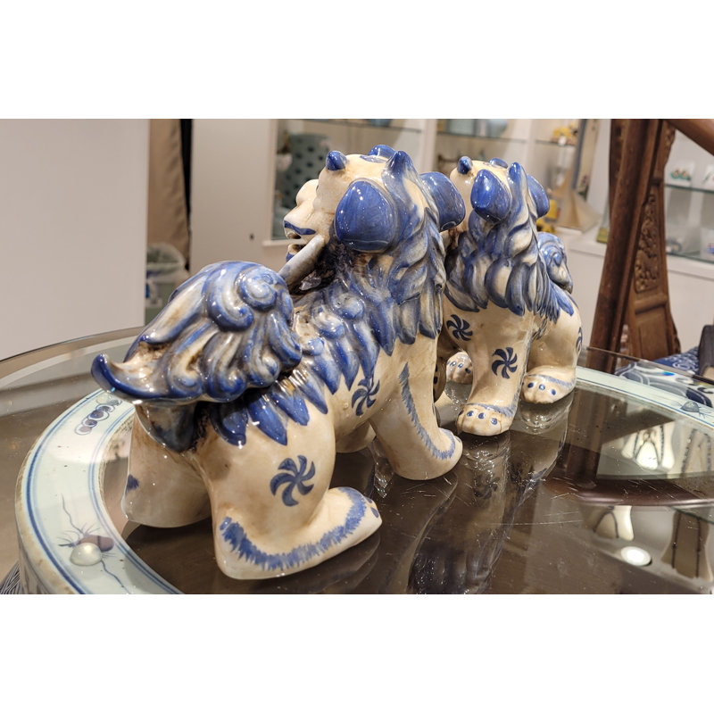 Small Pair of Lucky Foo Dog Figurine, 6.5" H x 8.5" W x 4" D, Blue/White