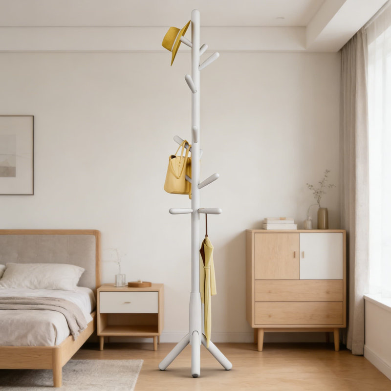 Freestanding Tree-Shaped Coat Rack With 11 Hooks, Solid Wood Construction, Height-Adjustable Design For Bedroom, Office, Or Entryway