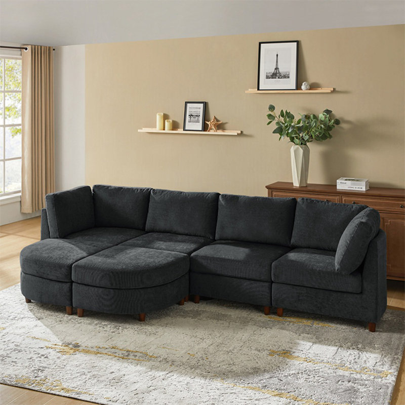 Taneiqua Modern 317.5cm W 6 Seater Chenille Sofa with Modular Design, Black