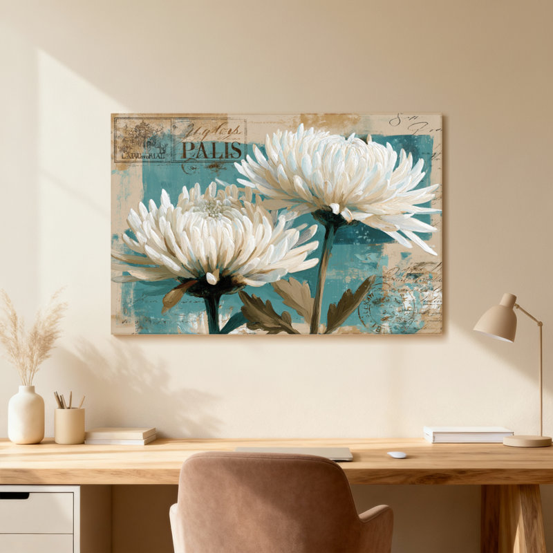Plantes et fleurs Fleurs blanches sur fond rétro avec éléments de texte, H 16 po x l 24 po, Toile tendue, Ne s’applique pas