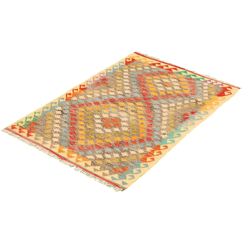 Tapis décoratif en laine noué à la main de conception unique 3 pi 2 po x 5 pi 1 po « New Age » rouge/jaune/gris