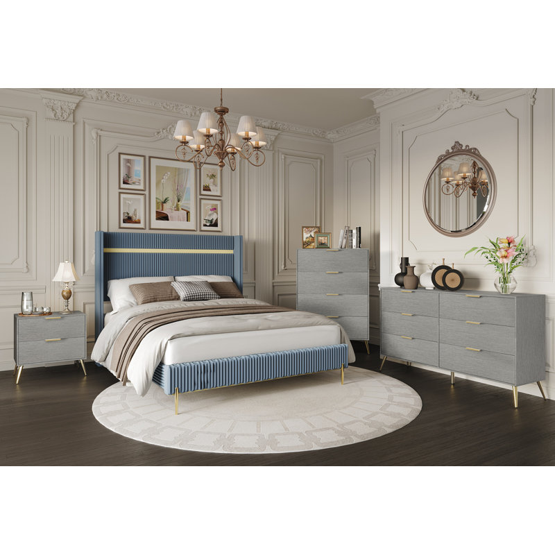 Anaika Corduroy 4-pieces Bedroom Set, Light Blue/Silver, King