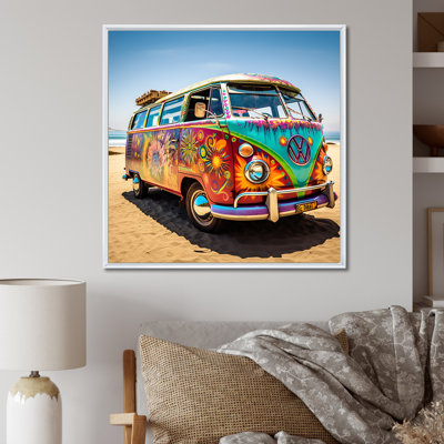 Magic Hippie Bus On The Beach I - Car Van, reproduction d'art encadrée