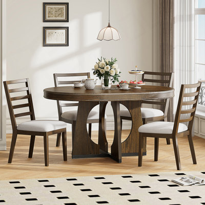 Extendable Round Dining Table Set For 4 With Removable Leaf And Retro Geometric Base Design