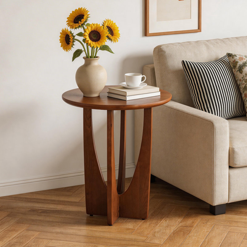 25" Round Natural Solid Wood End Table With Cross Legs Blends Modern&Farmhouse Styles For Living Room&Bedroom