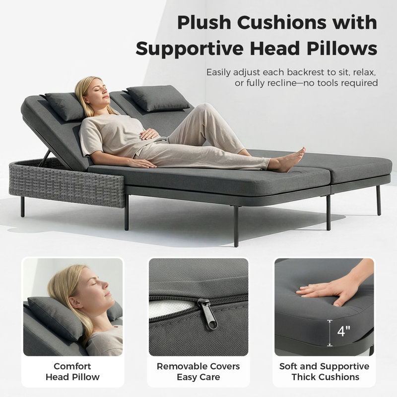 Outdoor Wicker Double Chaise Lounge Chair with Side Table & Cushions, Adjustable Reclining Back