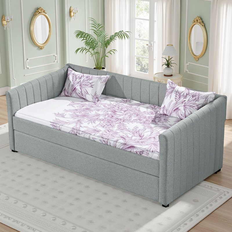 FAlano Twin Upholstered Daybed with Trundle, Vertical Channel Tufting, Linen Fabric Sofa Bed, Gray