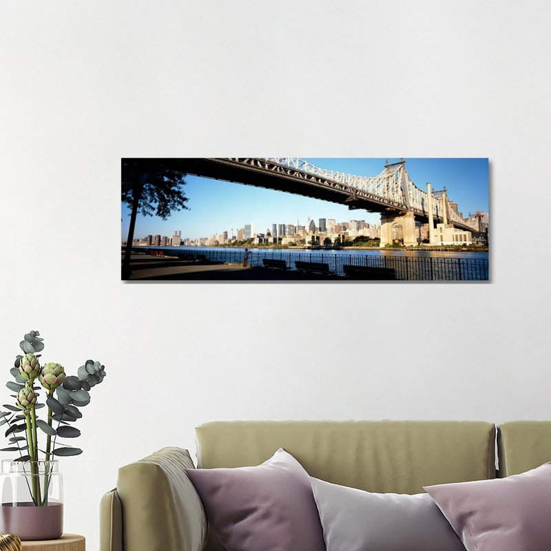 Bridge across a river, Queensboro Bridge, East River, Manhattan, New York City, New York State, USA 1 Piece Wrapped Canvas Panoramic Wall Art