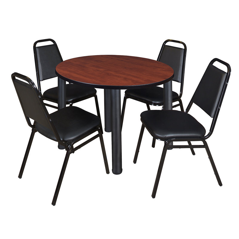 Kee Round Breakroom Table Top, 4 Restaurant Stack Chairs, Black, Cherry, 29" H x 48" W x 48" D