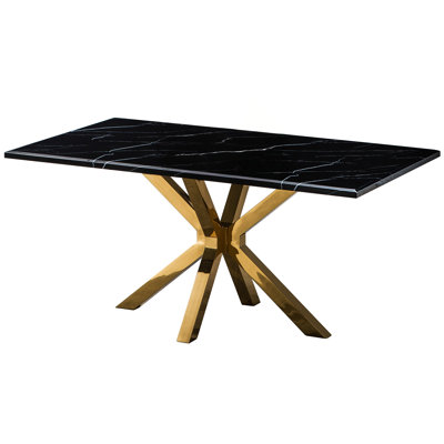 63" Black and Gold Marble and Metal Cross Leg Base Dining Table