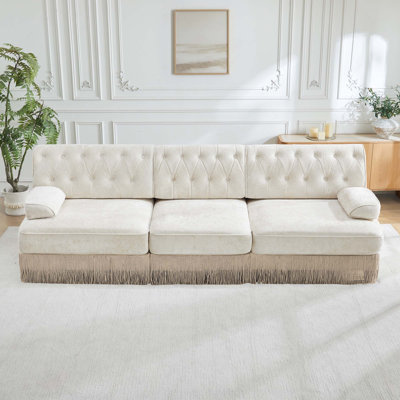 Canapé modulaire 3 places en tissu de velours capitonné à boutons avec jupe à franges pour les salons, les aires de repos et les chambres à coucher
