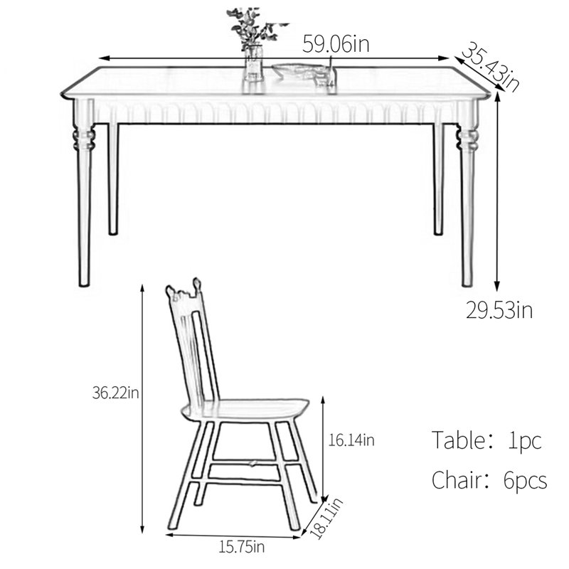 Ensemble de table de salle à manger en bois d'hévéa massif, Tanné, 29.53"H x 59.06"L x 35.43"W