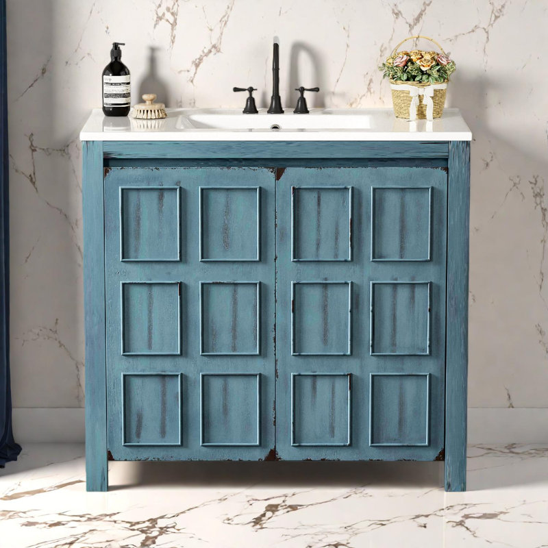 36" Bathroom Vanity with Ceramic Sink and Ample Storage Cabinet, BlueWhite