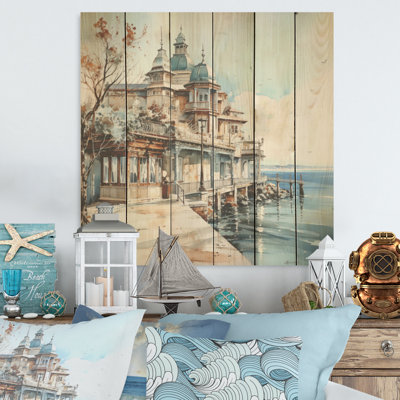 Beach House Charm In Winter - Coastal Pier, art mural sur bois de pin naturel