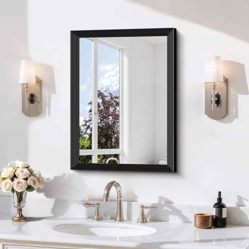 Black Bathroom Mirror, 18 x 24 Inch Bevelled Edge Black Mirror with Ribbed Texture-Modern Rectangle Bathroom Wall Mirror for Vanity, Tempered Glass,Hangs Horizontally or Vertically