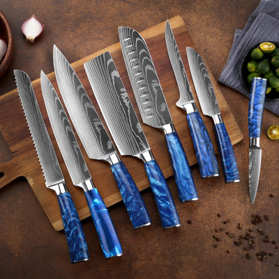 Senken Knives 8-Piece Japanese Kitchen Knife Set With Damascus Blade Pattern & Blue Resin Handles - Cerulean Collection Professional Chef Knife Set wi -  ImperialBlue_8