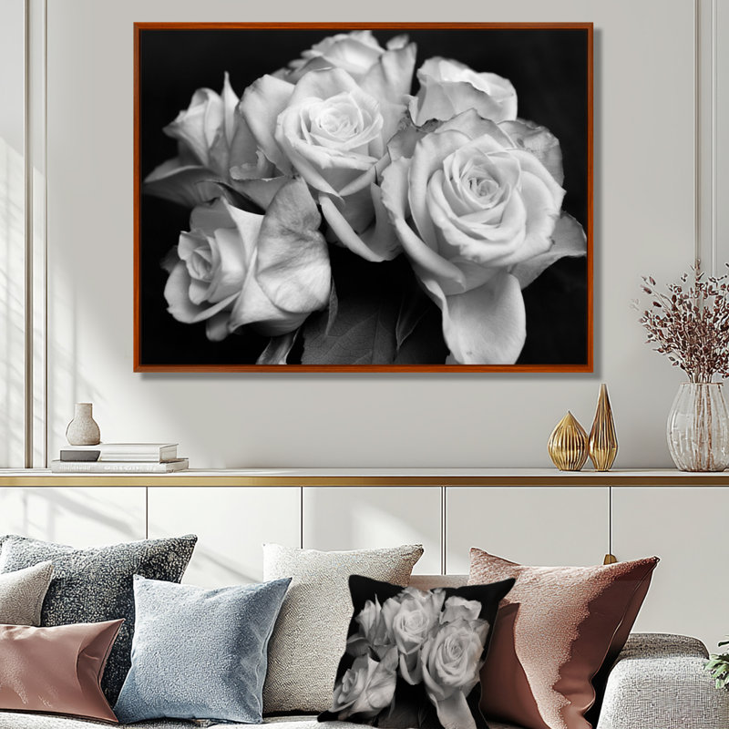 «Bunch of Roses Black and White», reproduction d'art sur toile florale, H 24 po x l 32 po, Cadre flottant brun