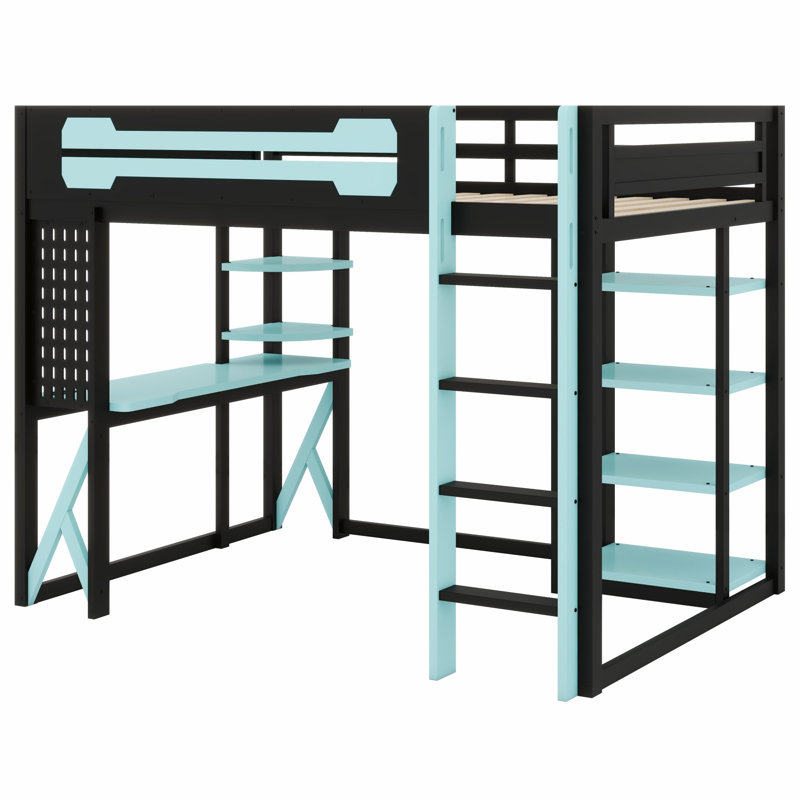 Space-Saving Loft Bed with Desk, Shelves, Power Outlet & RGB Light, Black+Blue