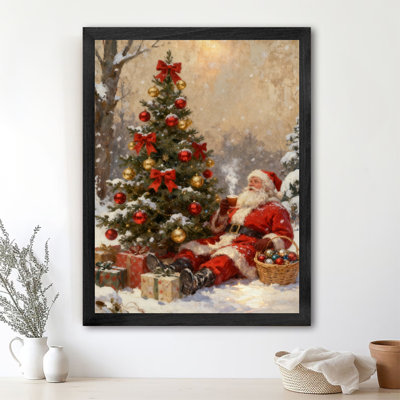 Père Noël noir encadré noir décorant un arbre de Noël, impressions murales de style rétro