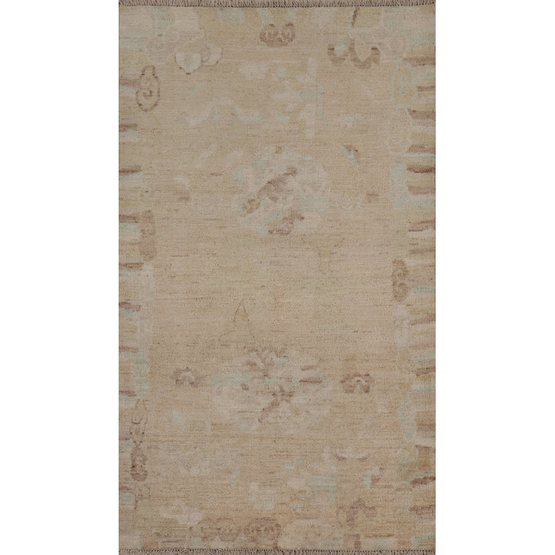 Tapis beige en laine noué à la main de conception unique 3 pi x 4 pi 11 po New Age