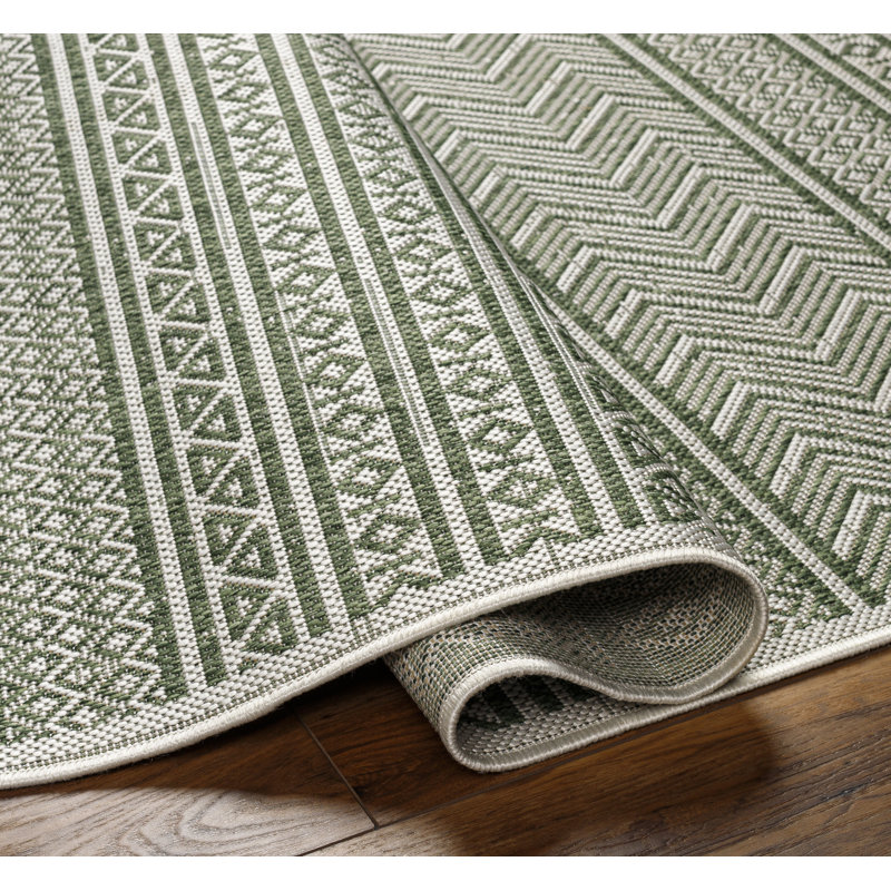 Intérieur / extérieur Isidro en polypropylène tissé à la machine, Tapis de couloir 2 pi 7 po x 12 pi, Ivory/Green