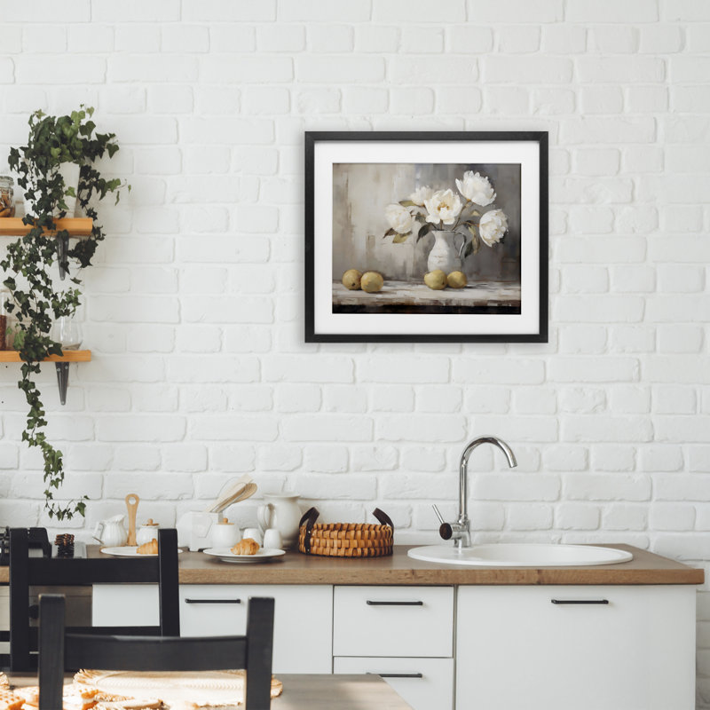 Vase de pivoines et de citrons, reproduction sous verre, design par LSR Creative Studio, H 13 po x l 16 po, Cadre noir minuit