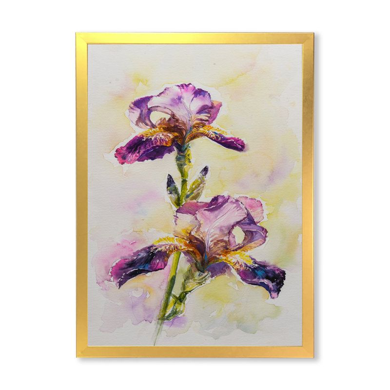Aquarelle Iris fleur rose - décoration murale traditionnelle sur toile, Toile avec cadre photo doré