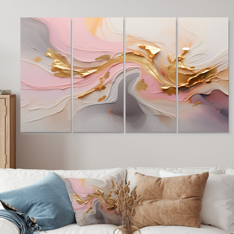 Tourbillon tourbillonnant d'or glamour - art mural abstrait 4 pièces, H 28 po x l 48 po