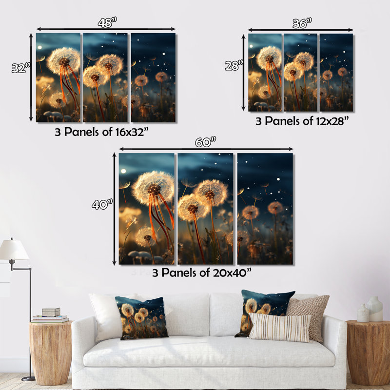 «Sunset Dandelion Field IV» sur toile, reproduction de 3 pièces, H 32 po x l 48 po