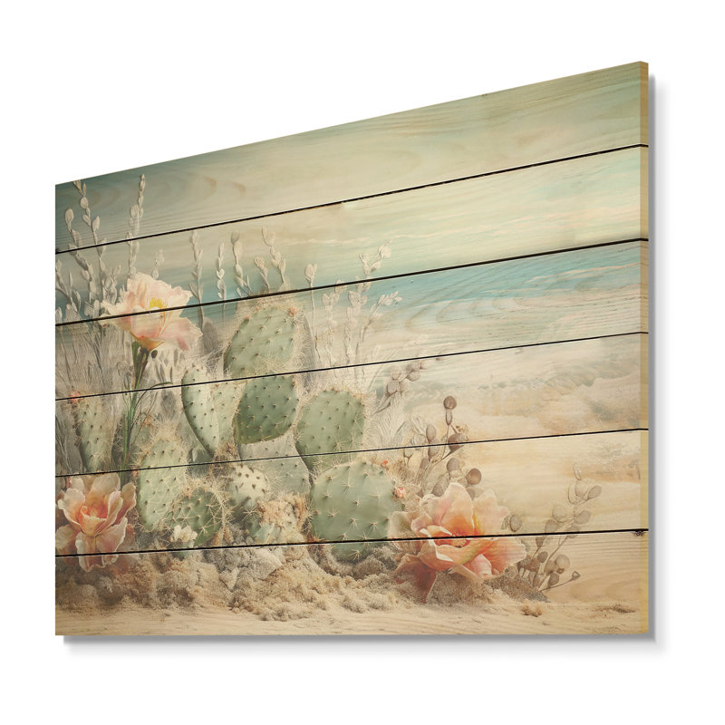 Collage de cactus sur la plage I - Art mural en bois de cactus sur bois de pin naturel, H 10 po x l 20 po