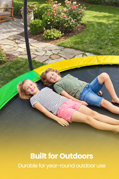 Two children smiling and lying on a backyard trampoline with text overlay that reads Built for Outdoors Durable for year-round outdoor use.