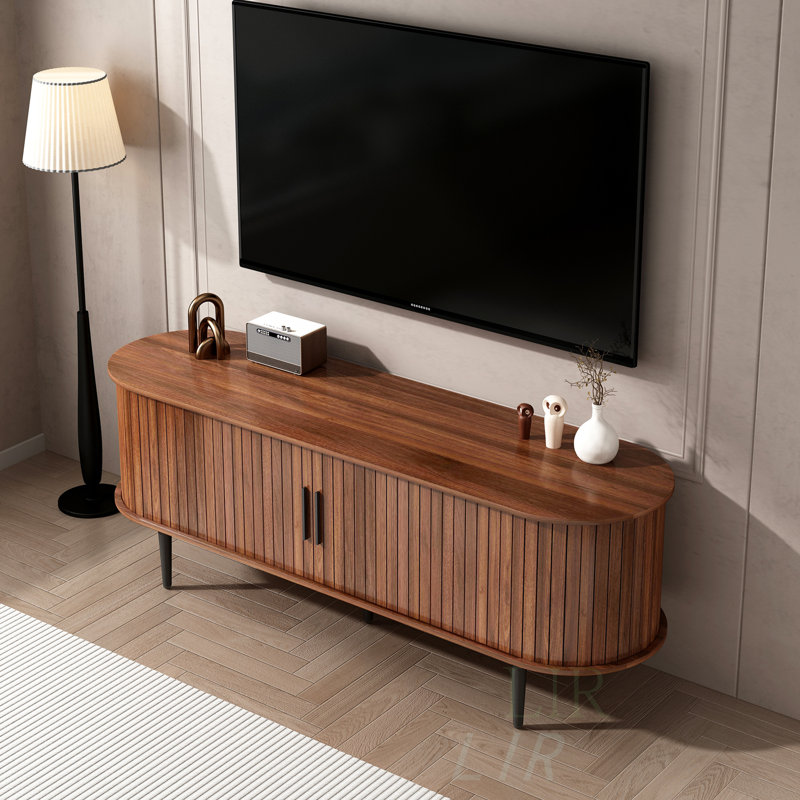 55" Modern Walnut Tv Stand With Sliding Door & Storage Compartments – Entertainment Center Console Table For Living Room, Bedroom, Or Office
