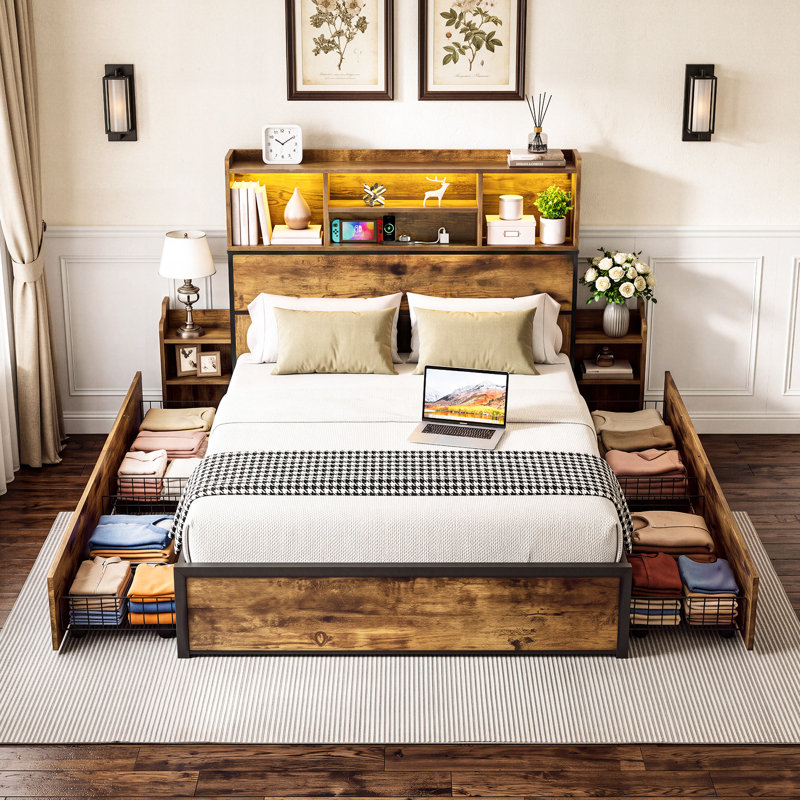 Queen Platform Bed Frame With 4 Under‑Bed Storage Drawers, Storage Headboard With Pull Out Nightstands, Charging Station And RGB LED Lights, No Box Spring Required
