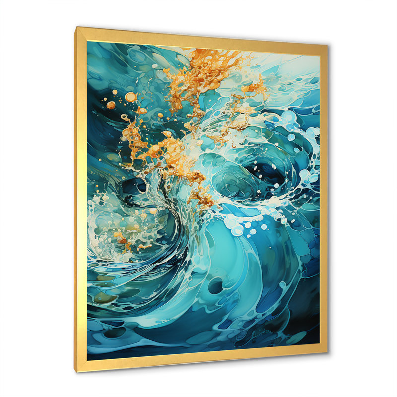 Aqua Dream Rush Flow 3 - Collages abstraits, art mural, Cadre doré simple, H 32 po x l 16 po x P 1 po